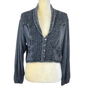 Women Log Sleeves Gray Cropped Jacket Free Size Embroidered